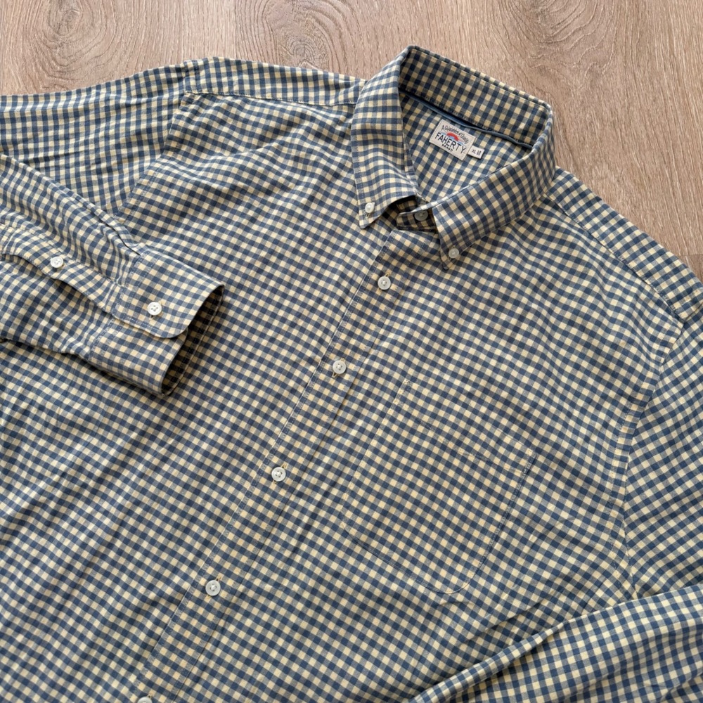 Faherty Gingham Button Down Shirt Mens XL Blue Yellow Plaid Long Sleeve Stretch